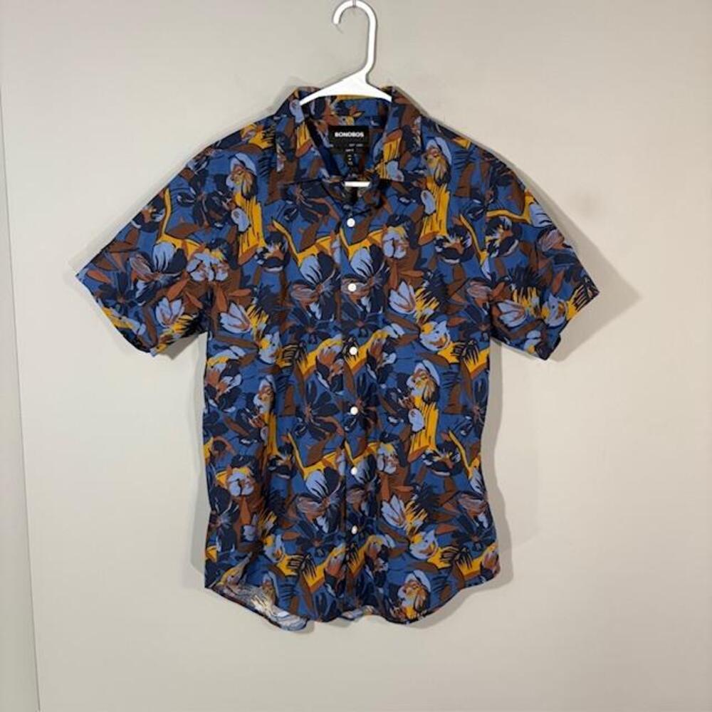Bonobos Shirt Mens Medium Blue Floral Short Sleeve Button Up Slim Fit Tropical